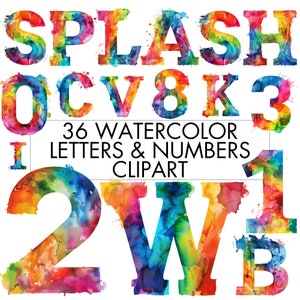 Aquarell Splash Buchstaben Zahlen Clipart Bundle, buntes Splash Alphabet A-Z, Zahlen 0-9, Paint Splatter Buchstaben PNG, sofortiger Download