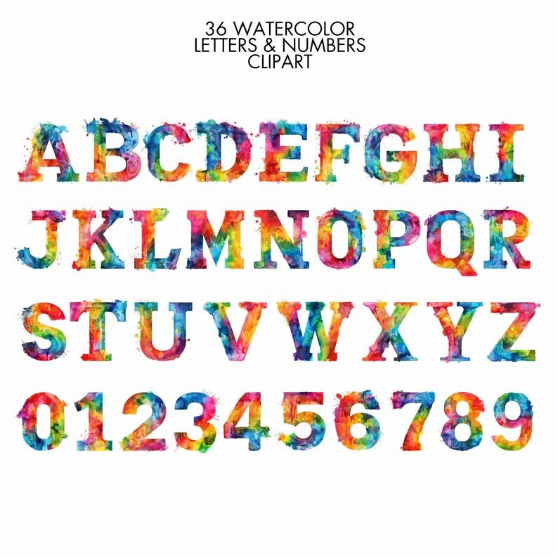 Watercolor Splash Letters Numbers Clipart Bundle, Colorful Splash ...
