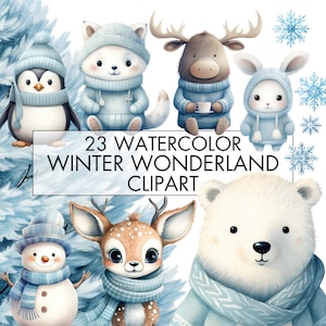 Paquete de imágenes prediseñadas de Winter Wonderland, imágenes prediseñadas de acuarela de invierno, invitaciones con temática de Winter Wonderland, imágenes prediseñadas de bosque de invierno, uso comercial