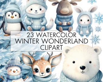 Watercolor Winter Animals Clipart, Winter Wonderland Graphics (Digital Download)