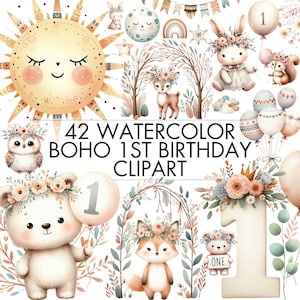 Boho ersten Geburtstag Clipart Bundle, Boho 1st Geburtstag PNG Clipart für DIY Dekorationen, Einladung, Karte, Outfit und Zeichen, Instant Download