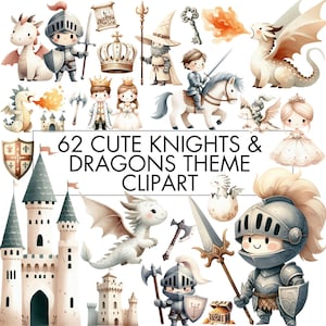 Niedliches Ritter und Drachen Clipart Bundle, Mittelalterlicher Ritter, Mittelalterliche Burg, Prinzessin, Pferd Png für Geburtstag, Dekoration, Print, Kommerzielle Nutzung
