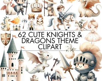 Cute Knight and Dragon Clipart Bundle, Medieval Knight, Medieval Castle, Princess, Horse Png for Birthday, Decoration, Print, Commercial Use