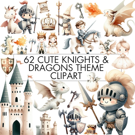 Cute Knight and Dragon Clipart Bundle, Medieval Knight, Medieval Castle, Princess, Horse Png for Birthday, Decoration, Print, Commercial Use