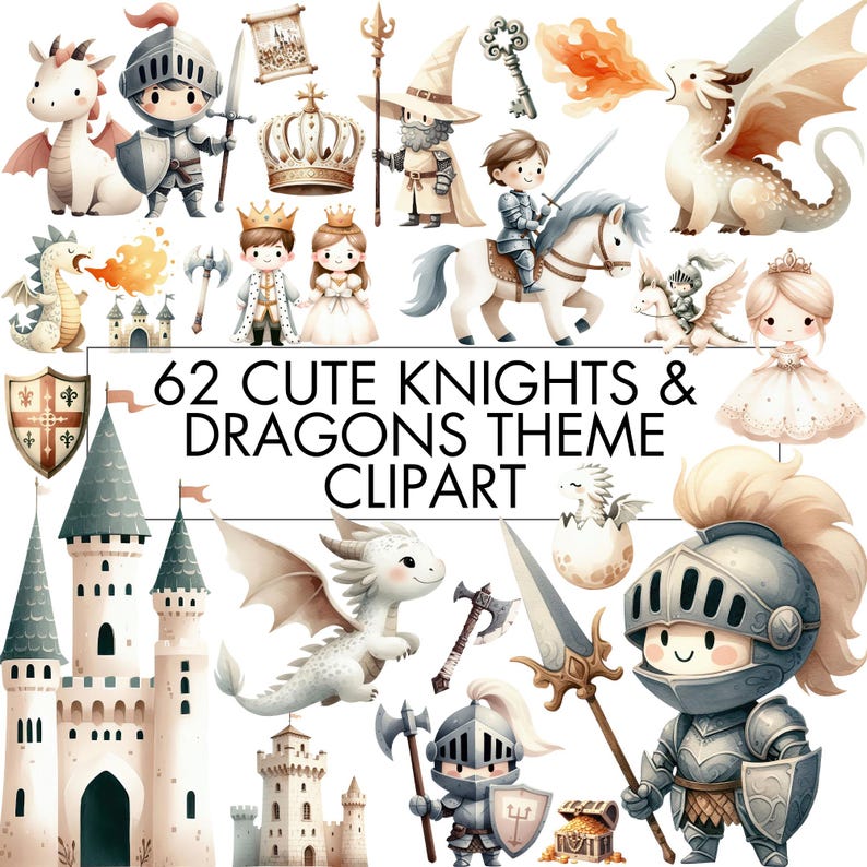 Puede incluir: Un conjunto de 62 im&aacute;genes de clipart de tem&aacute;tica de caballeros y dragones. El clipart incluye caballeros, dragones, castillos, coronas, espadas y otros elementos de fantas&iacute;a. Las im&aacute;genes est&aacute;n en un estilo de acuarela y son perfectas para crear invitaciones, decoraciones de fiesta u otras manualidades.