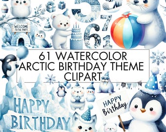 Arctic Birthday Clipart: Watercolor Winter Animals PNG Bundle (61 files)