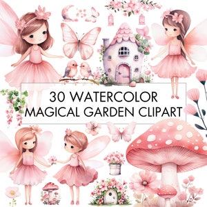 Clipart del giardino delle fate magico dell'acquerello, farfalla, fiori, funghi, clipart della porta del giardino, 30 PNG di sfondo trasparente, uso commerciale