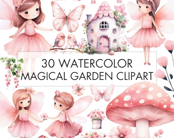 May include: A set of 30 watercolor illustrations featuring fairies, butterflies, mushrooms, flowers, and a small cottage. The illustrations are in shades of pink and green and are perfect for adding a touch of whimsy to any project.
