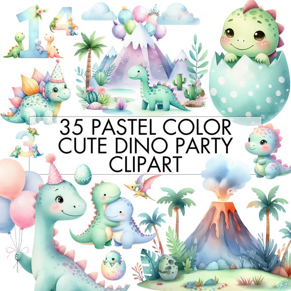 Cute Dinosaur Clipart PNG Bundle, Watercolor Dino Party, Colorful Cartoon Girly Dinosaur Clipart for DIY Decor, Party Favors, Invitation