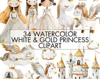 Watercolor Princess Clipart: White and Gold Unicorn, Pegasus (PNG Digital Download)