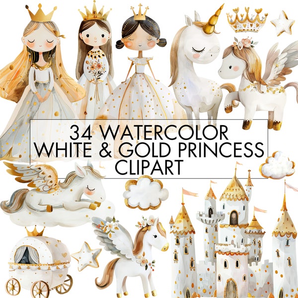 Watercolor White and Gold Princess, Unicorn and Pegasus Clipart Bundle, White Unicorn PNG, Castle, Carriage, Unicorn and Rainbow Clip Art