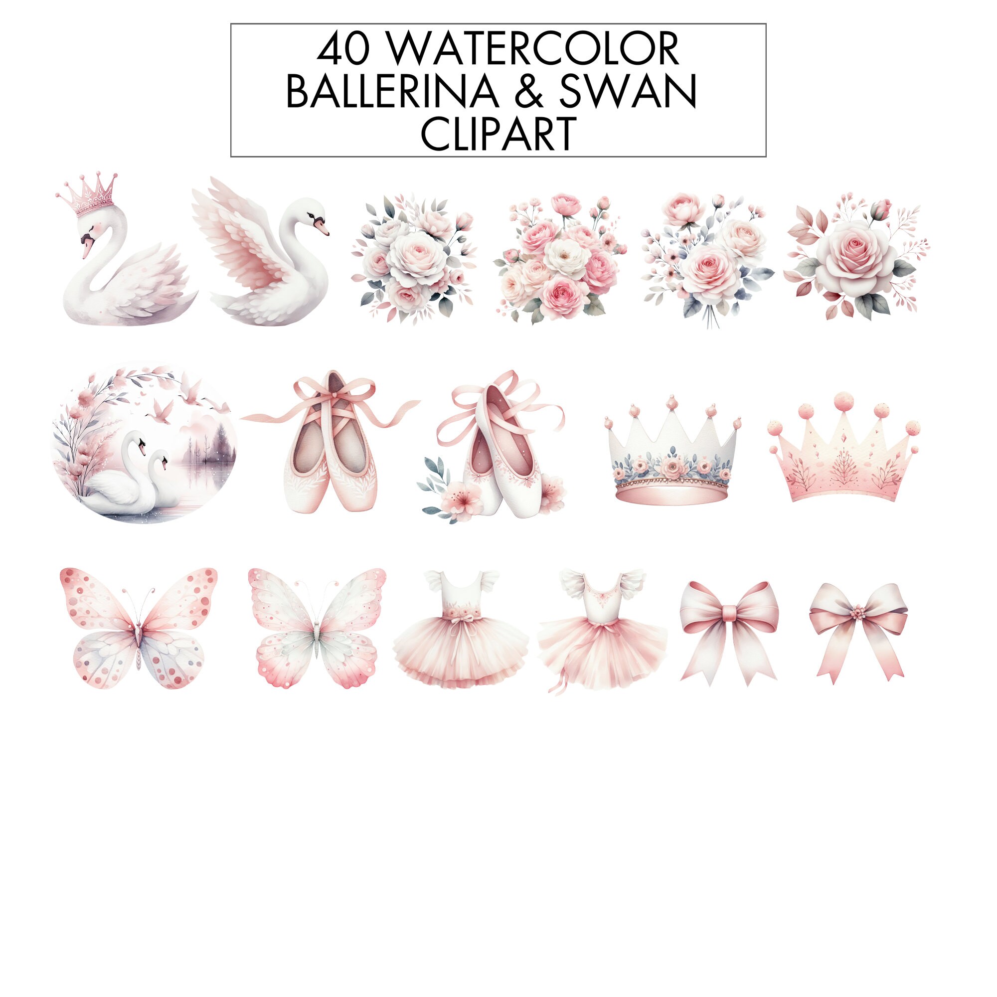 Watercolor Ballerina & Swan Clipart: Pink Floral PNG (digital Download ...