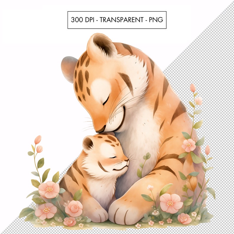 May include: A watercolor illustration of a mother tiger and her cub. The mother tiger is gently nuzzling her cub, who has its eyes closed. The tigers are surrounded by pink flowers and green leaves.