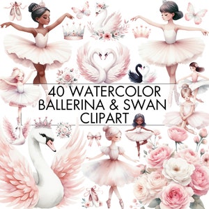 Ballerine aquarelle et clipart cygne, clipart ballerine rose, clipart cygne, clipart floral, téléchargement numérique instantané Png, usage commercial