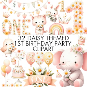 Daisys Geburtstag Clipart Bundle, Daisy 1st Birthday PNG Clipart für DIY Dekorationen, Einladung, Karte, Outfit und Schild, Instant Download
