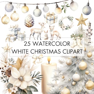 Watercolor White Christmas Clipart Bundle, Cozy Neutral Winter Clipart, White Christmas Tree Clipart, Transparent Background, Commercial Use