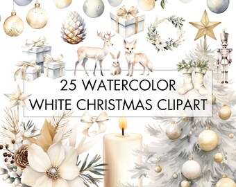 Watercolor White Christmas Clipart Bundle: 25 Cozy Winter PNGs (Commercial Use)