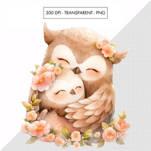 May include: A watercolor illustration of two owls, one larger than the other, with closed eyes and a soft smile. The owls are surrounded by pink and white flowers. The larger owl is holding the smaller owl in its wings.