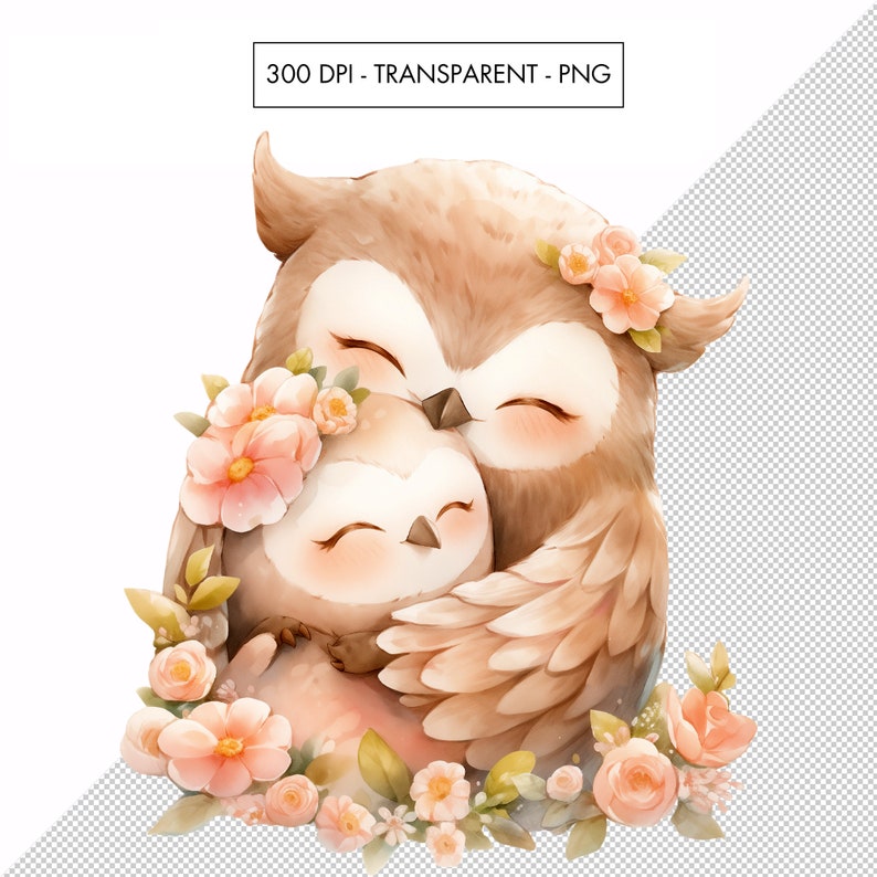 May include: A watercolor illustration of two owls, one larger than the other, with closed eyes and a soft smile. The owls are surrounded by pink and white flowers. The larger owl is holding the smaller owl in its wings.