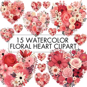 Pacote de clipart de coração floral de amor florescendo, coração de flor em aquarela para o dia dos namorados, buquê de coração em aquarela, uso comercial floral png