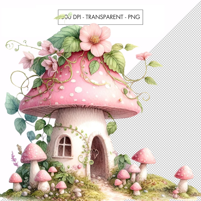 Watercolor Pink Fairy Mushroom House Clipart: PNG Bundle (digital ...