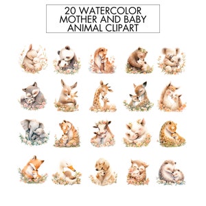 May include: A set of 20 watercolor illustrations featuring mother and baby animals. The illustrations are in a soft, pastel color palette and feature a variety of animals, including a panda, giraffe, fox, and elephant. Each illustration is surrounded by delicate flowers.