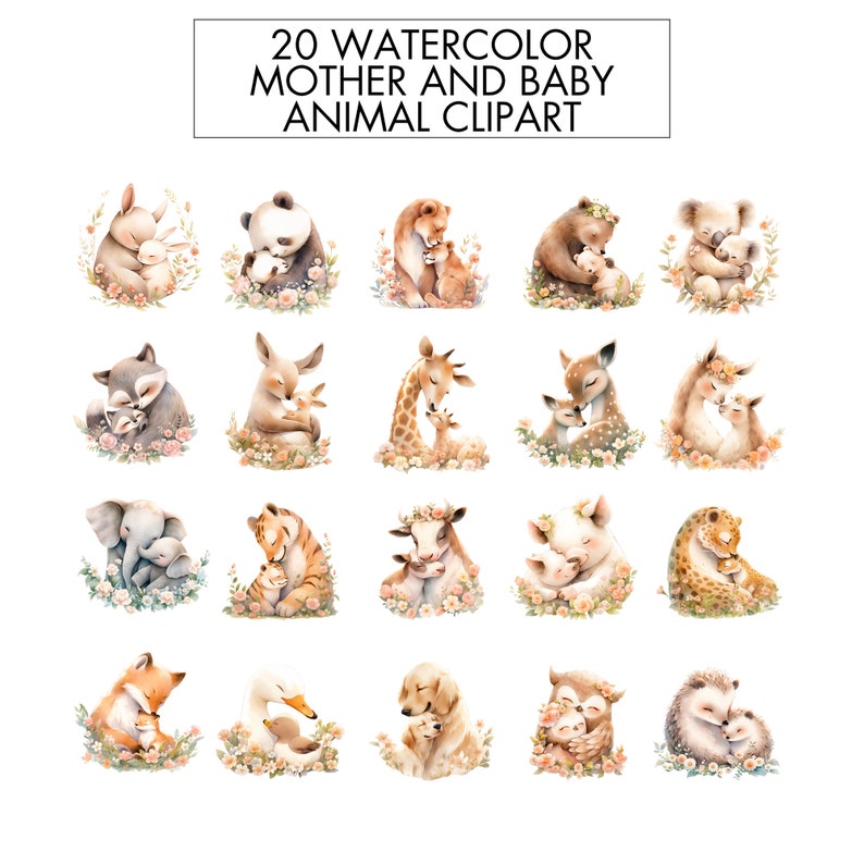 May include: A set of 20 watercolor illustrations featuring mother and baby animals. The illustrations are in a soft, pastel color palette and feature a variety of animals, including a panda, giraffe, fox, and elephant. Each illustration is surrounded by delicate flowers.