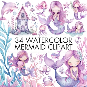 Aquarell süße Meerjungfrau Clipart Bundle, Unterwasser Meerestiere Clipart, Delphin, Wal, Meerjungfrau Haus Clipart, kommerzielle Nutzung, PNG-Dateien