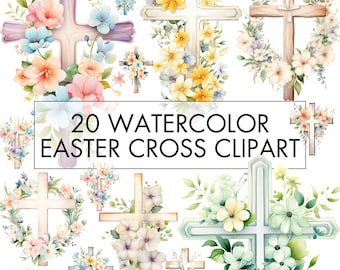 Watercolor Easter Cross Clipart Bundle: Floral PNG (Digital Download)