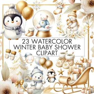 Pacote de clipart de tema de chá de bebê de inverno em aquarela, PNG de chá de bebê de inverno para convite de chá de bebê neutro em termos de gênero, decorações de chá de bebê