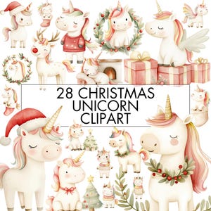 Weihnachten Einhorn Clipart-Bundle, süßes Weihnachtseinhorn PNG, Aquarell Weihnachten Einhorn für Karten, Sublimation, Dekoration kommerzielle Nutzung