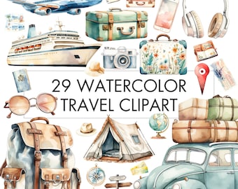 29 vintage aquarel reis clipart: transparante png-bestanden (commercieel gebruik)