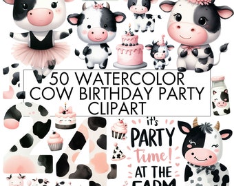 Puede incluir: Conjunto de clipart de acuarela con temática de fiesta de cumpleaños de vaca. Incluye vacas, pasteles, números, cupcakes y el texto "¡Es hora de la fiesta! En la granja".