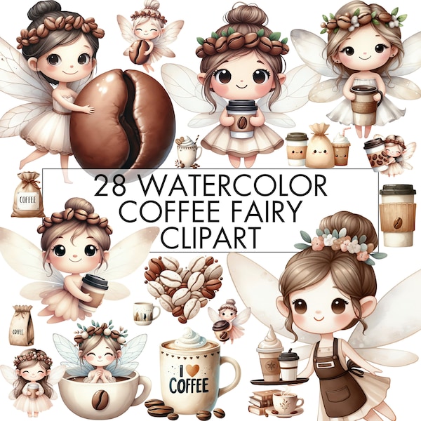 Cute Coffee Fairy Clipart Bundle, Watercolor Coffee Lover Fairy Clipart, Coffee Shop Menu Clipart, Fairy Sublimation, Transparent PNG Bundle