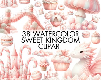 May include: A set of 38 watercolor illustrations featuring a whimsical sweet kingdom theme. The illustrations include castles, candy, cupcakes, a dragon, a carriage, and a mushroom.