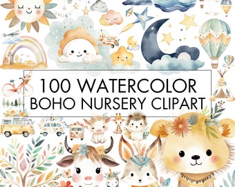 Clipart de guardería bohemia de acuarela, 100 gráficos PNG (uso comercial)