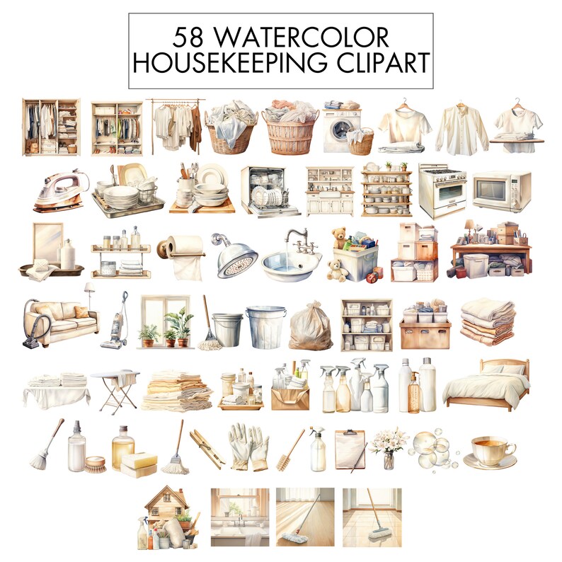Op de afbeelding: 58 aquarel illustraties van verschillende huishoudelijke artikelen, waaronder schoonmaakmiddelen, wasgoed, badkameraccessoires en meubels. De illustraties zijn in een lichte, speelse stijl en zijn perfect voor gebruik in digitale of gedrukte projecten.
