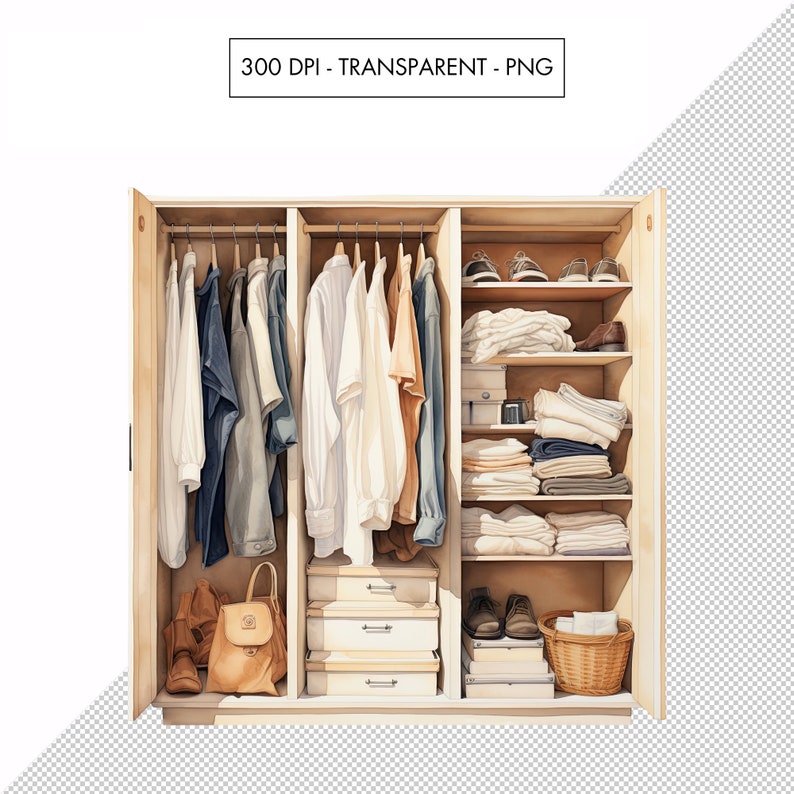 Op de afbeelding: Een houten kast met twee open deuren, die planken vol gevouwen kleding, schoenen en een mand laten zien. De kast heeft een kledingroede met verschillende shirts, jassen en broeken die eraan hangen. Op de onderste plank staat een kleine bruine leren tas.
