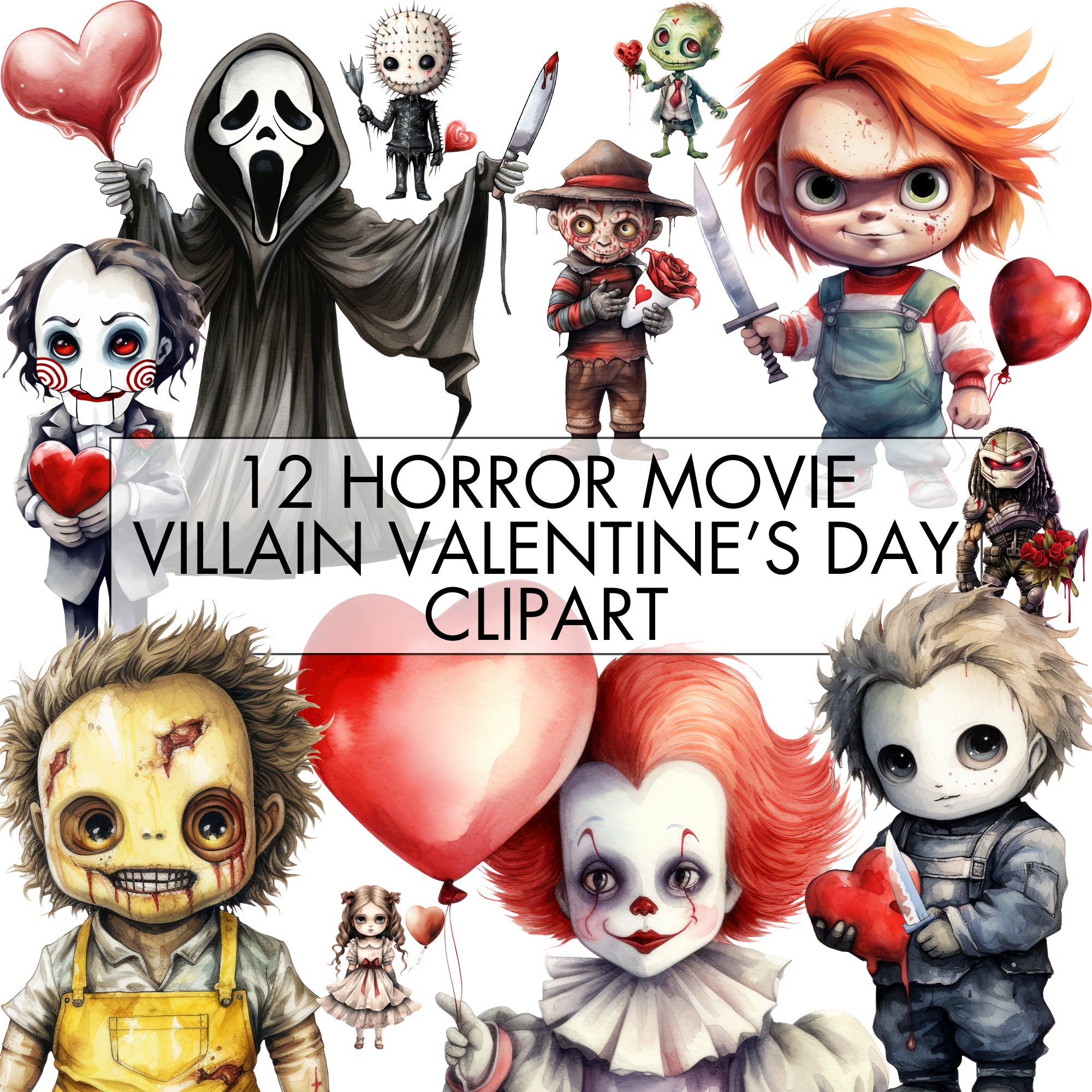 Horror Movie Villain Valentine's Day Clipart Bundle, Spooky Valentines ...
