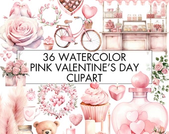 May include: A set of 36 watercolor pink Valentine's Day clipart images. The images include a bicycle, a candy shop, a cupcake, a teddy bear, a heart-shaped bottle, a rose, a heart wreath, candles, and more.