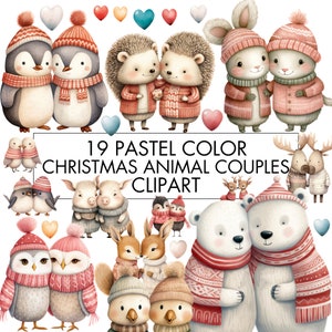 Pareja de animales navideños, clipart de animales románticos, clipart de animales en colores pastel, PNG de pareja de animales, animales del bosque navideño, uso comercial