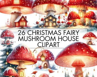 Christmas Mushroom House Clipart: Winter Fairy PNG Bundle (26 Files)