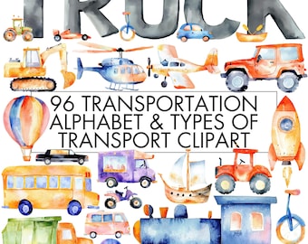 May include: A set of 96 watercolor illustrations of various modes of transportation, including a hot air balloon, a car, a truck, a helicopter, a plane, a train, a boat, a bicycle, and a tractor. The illustrations are perfect for creating educational materials, crafts, or scrapbooking projects.