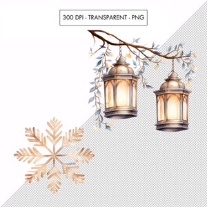May include: Two watercolour painted lanterns hanging from a branch with green leaves. The lanterns are made of metal and have a warm glow. A gold snowflake is in the bottom left corner of the image.