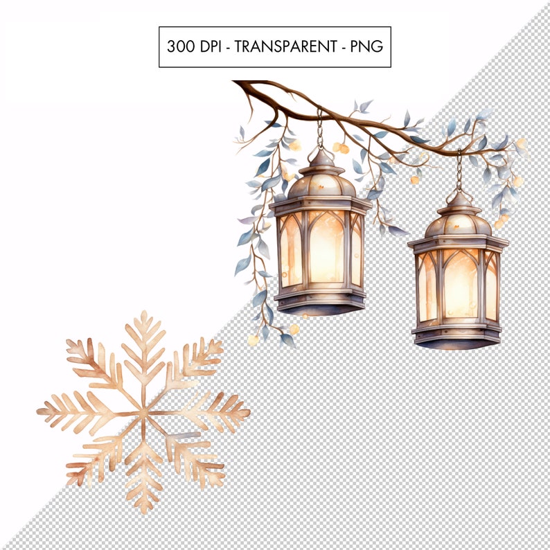 May include: Two watercolour painted lanterns hanging from a branch with green leaves. The lanterns are made of metal and have a warm glow. A gold snowflake is in the bottom left corner of the image.