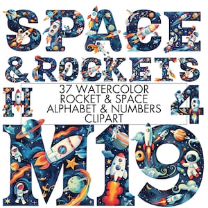 Alfabeto spaziale acquerello dalla A alla Z, numeri 1-9 Clipart Bundle, spazio, lettere astronauta e razzo, alfabeto razzo Bundle, download immediato PNG