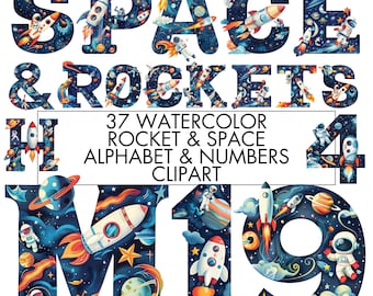 Watercolor Space Alphabet Clipart: Rocket & Astronaut Letters (Digital Download)