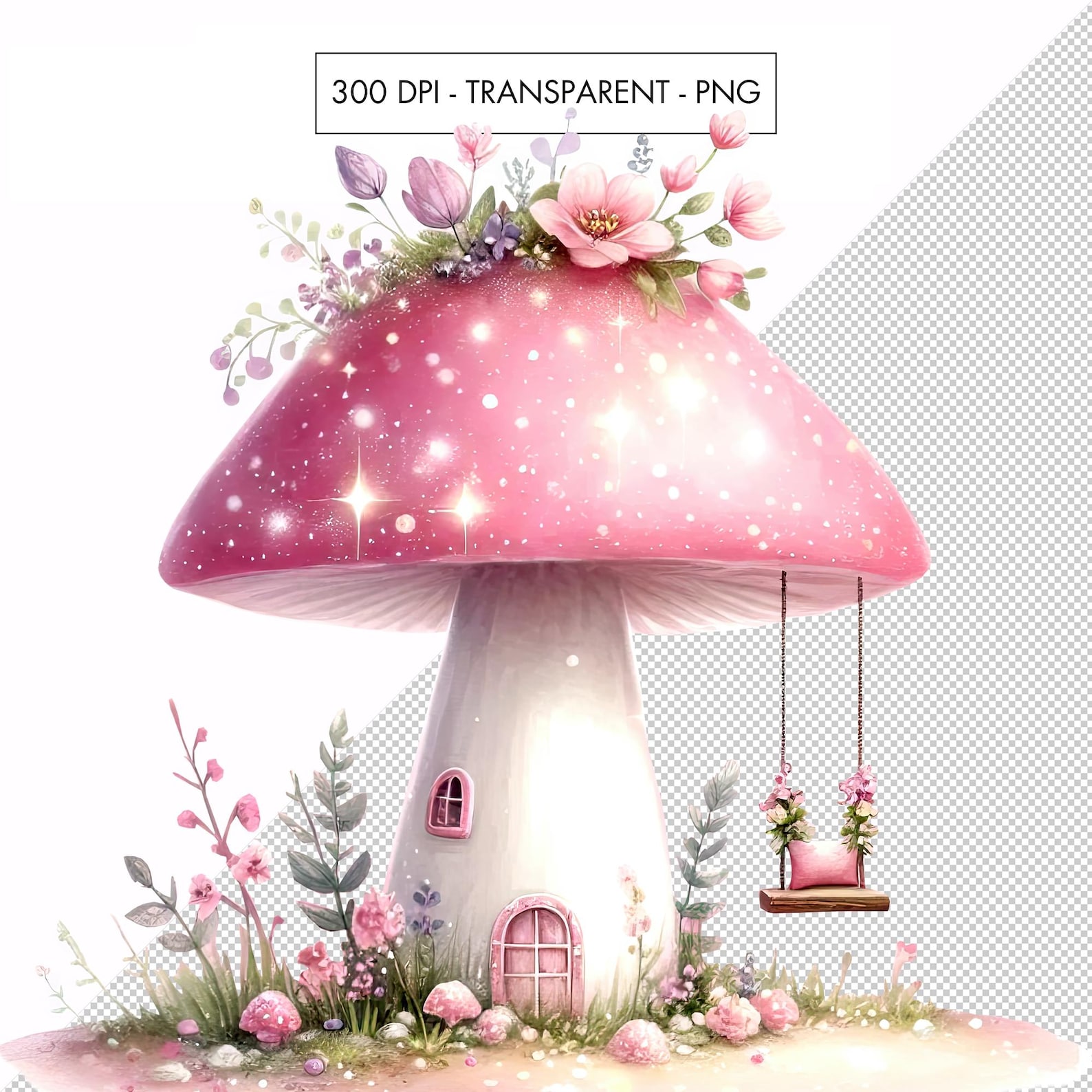 Watercolor Pink Fairy Mushroom House Clipart: PNG Bundle (digital ...
