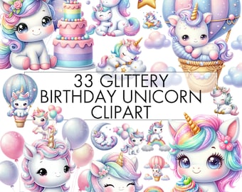 Glittery Birthday Unicorn Clipart Bundle: 33 PNG Files (Digital Download)