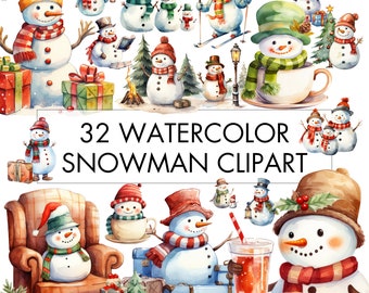 Watercolor Snowman Clipart Bundle: 32 Christmas PNG Files (Digital Download)